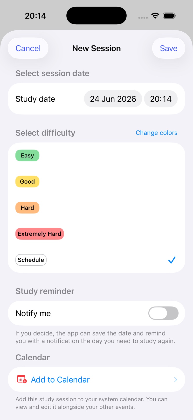 New study session difficulty picker